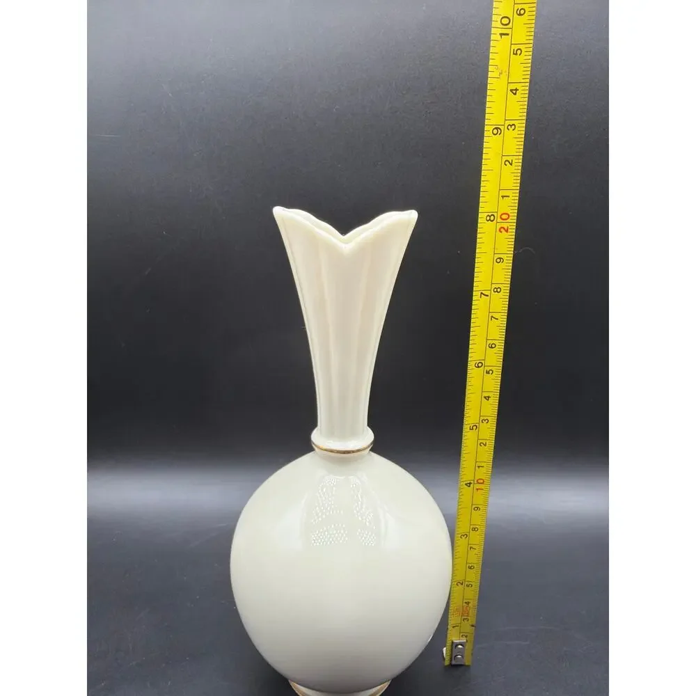 Vintage Lenox Cream Fine China Bud Vase 8” Gold Trim Made in USA Fluted Neck